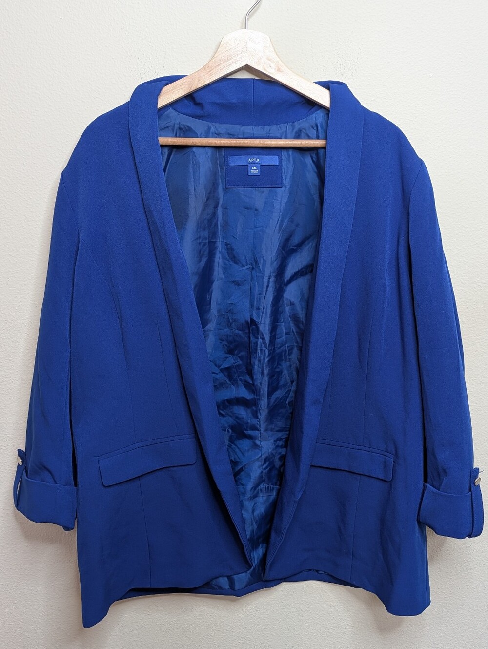 Apt. 9 Cobalt Blue Open Front Blazer Size‎ XXL 3/4 Sleeve Rolled Cuff